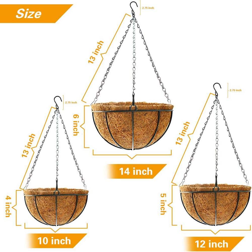 14 in. Brown Round Metal Hanging Basket Planter with Coco Fiber Liners (2-Pack) - Hercitys