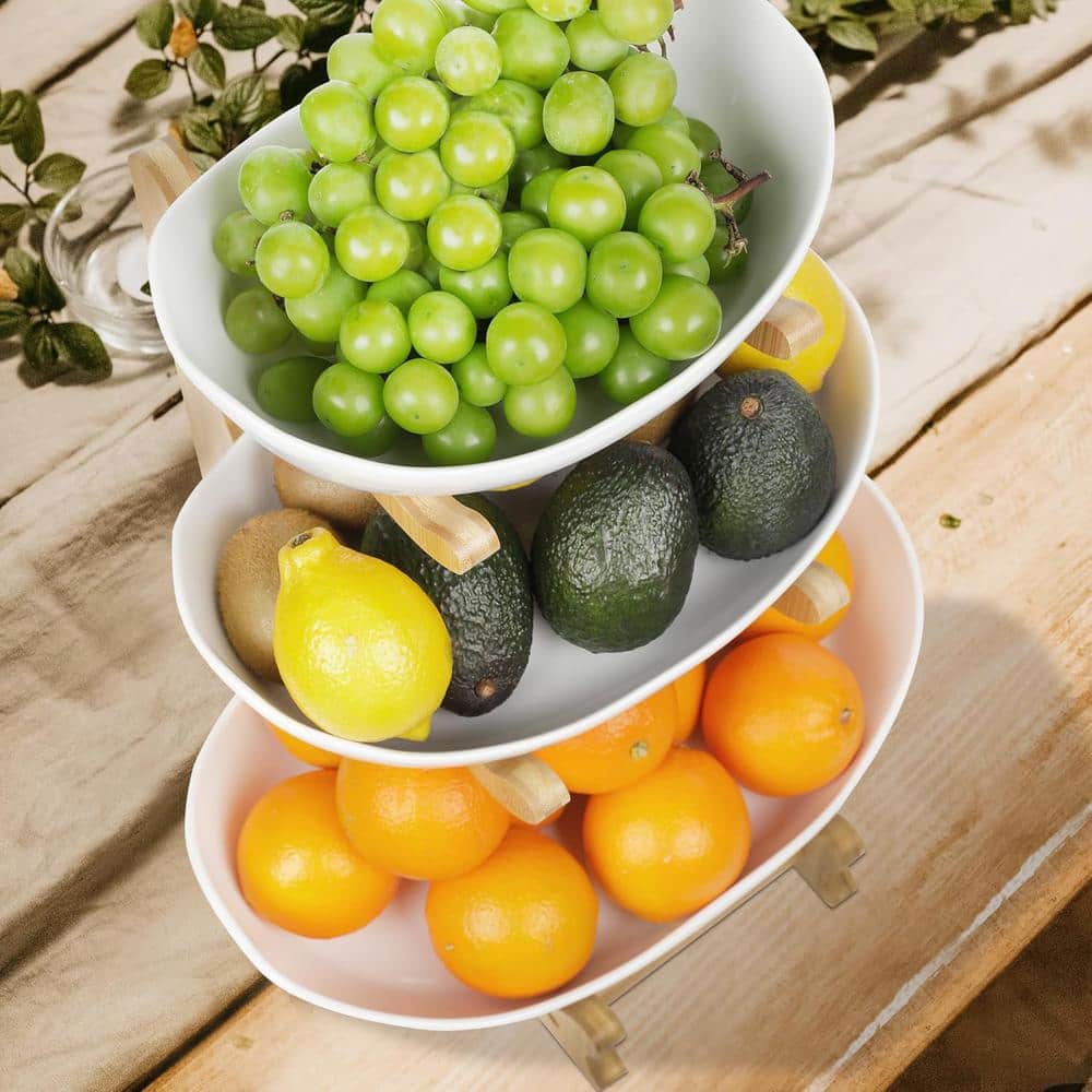 3-Tier Fruit Bowl Ceramic Countertop with Bamboo Stand in White - Hercitys