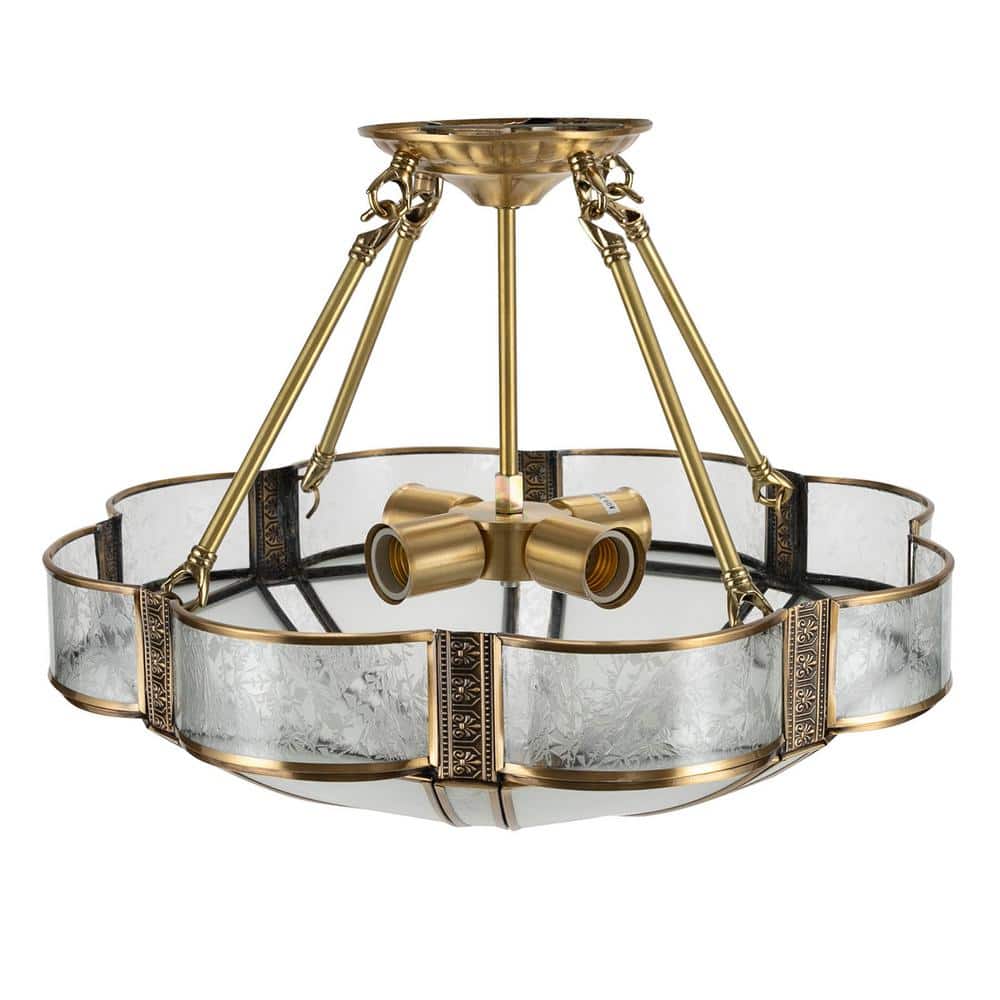 17.71 in. 4-Light Gold Retro Flower-Shaped Semi-Flush Mount Ceiling Light with Glass Shade, No Bulbs Included - Hercitys