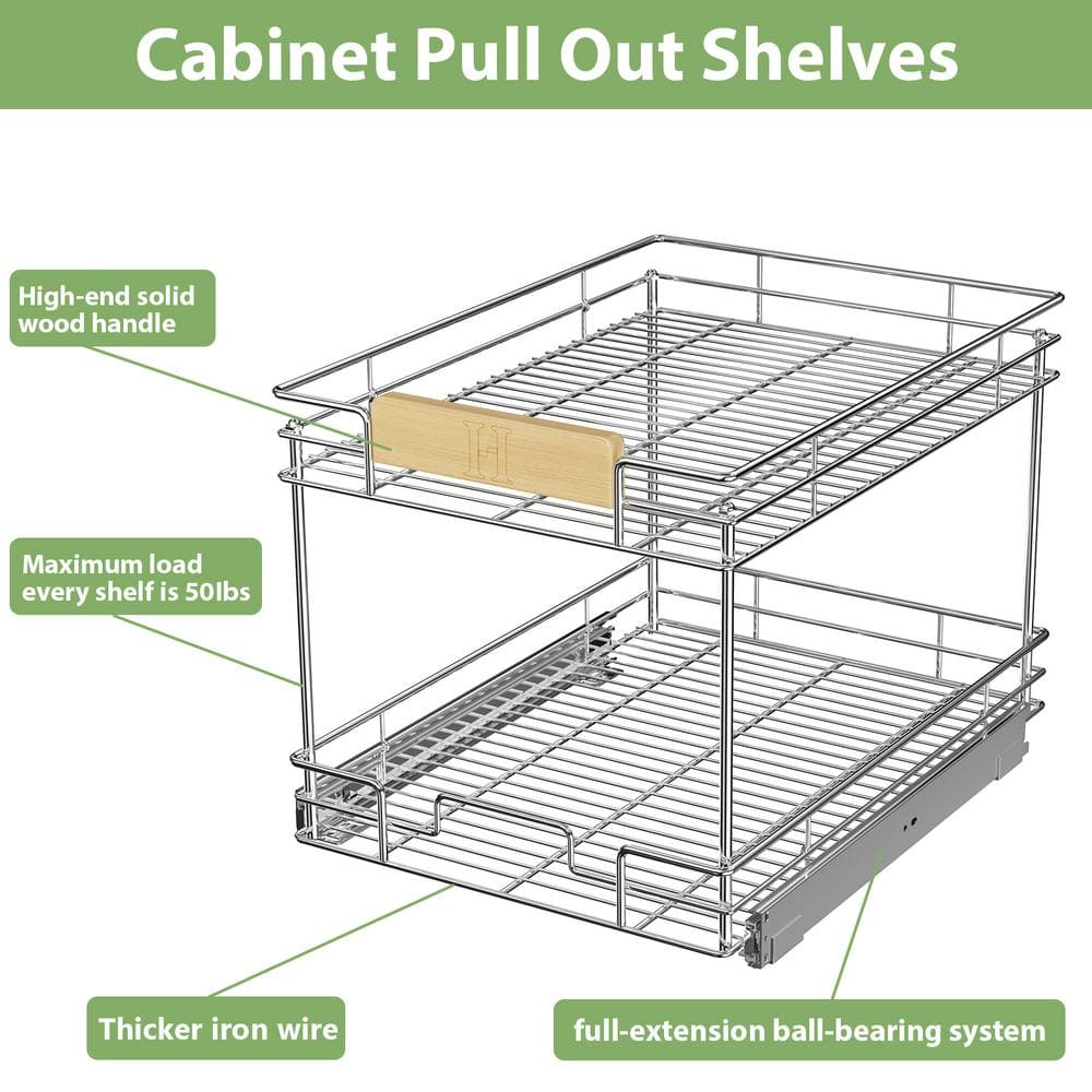13½ in. Wx 21½ in. D Pull Out Cabinet Organizer with Wooden Handle for Base Cabinet - Hercitys