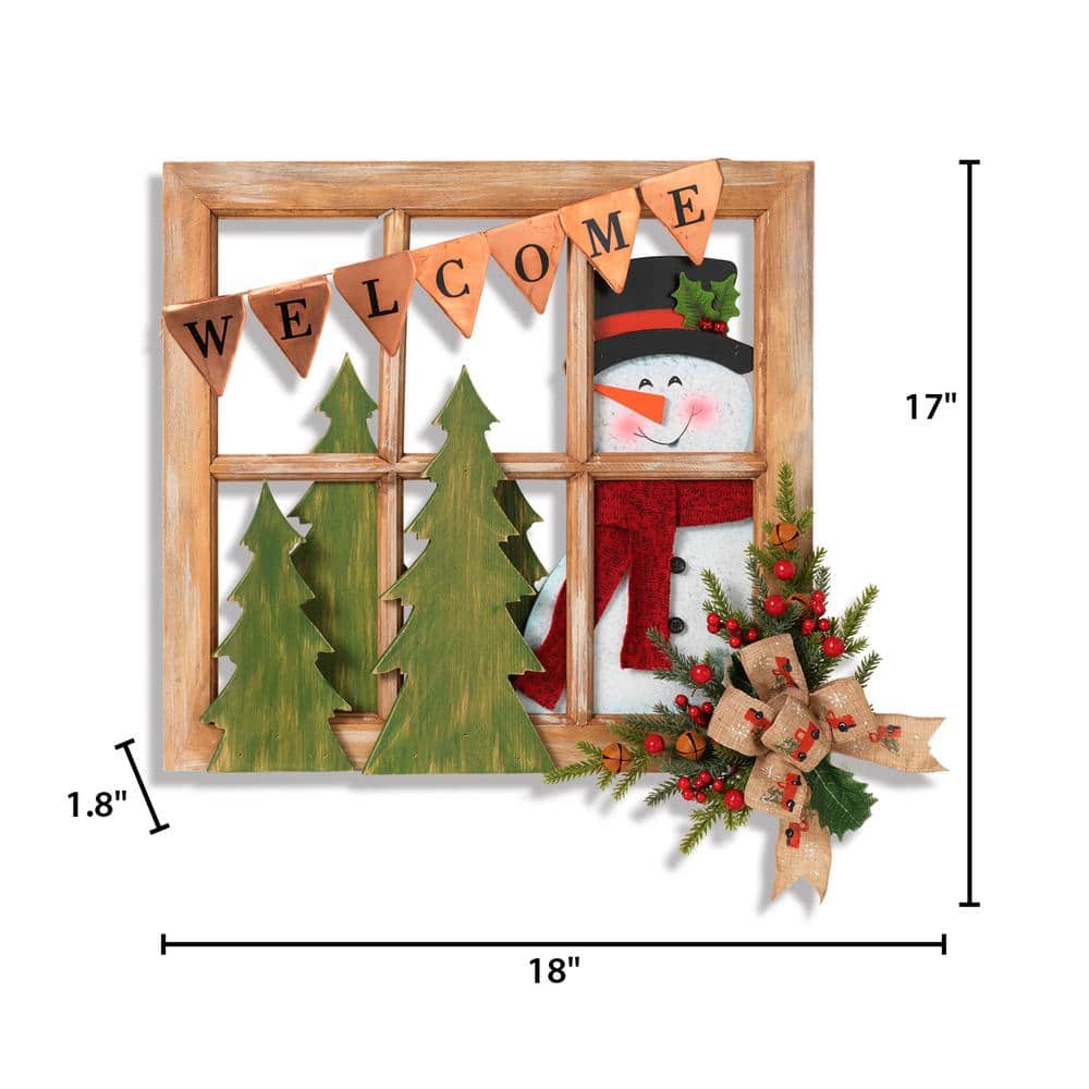 16.5 in. H Wood Window with Snowman and Floral Accent - Hercitys