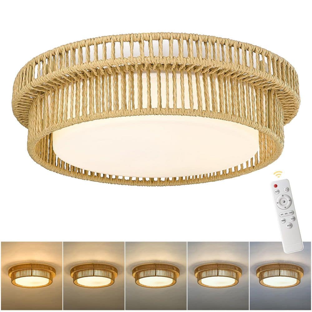 17.8 in Beige Wood Finish Boho Flush Mount with Frosted Glass Shade and Integrated LED - Hercitys