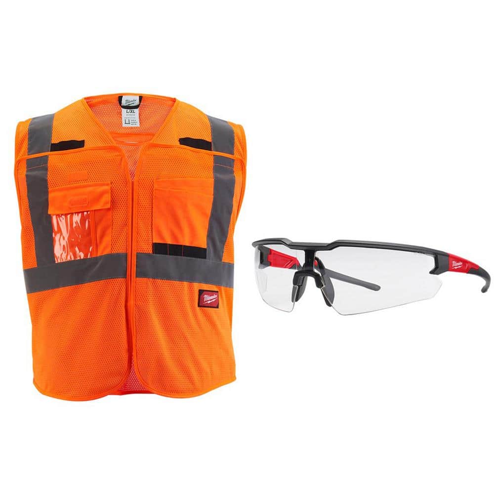 4X/5X-Large Orange Class 2 Breakaway Mesh High Vis Safety Vest and Clear Anti Scratch Safety Glasses - Hercitys