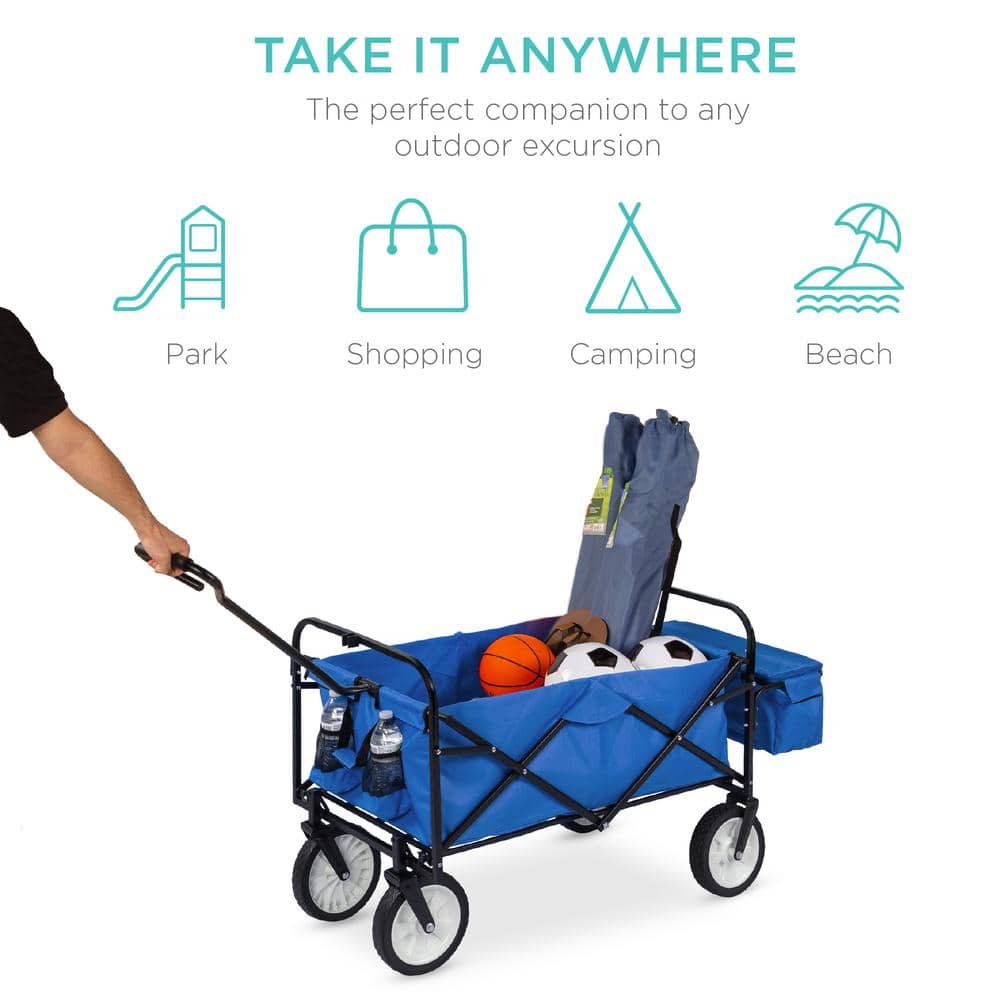 24 in. x 39 in. Utility Cargo Wagon Foldable Cart w/Removable Canopy, Cup Holders in Blue - Hercitys