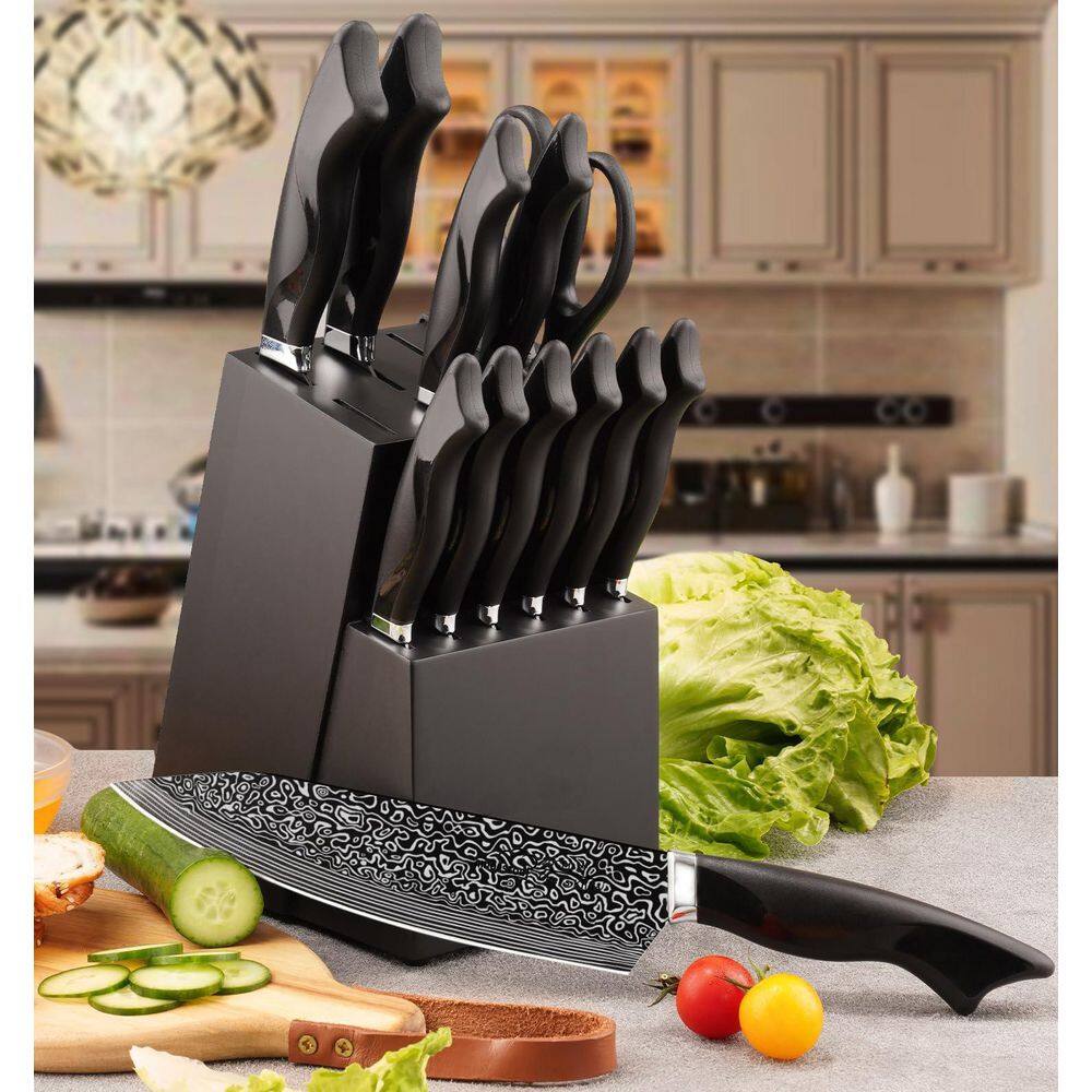 15-Piece German High Carbon Stainless Steel Knife Block Set in Silver with Build-in Knife Shapener, Dishwasher Safe - Hercitys