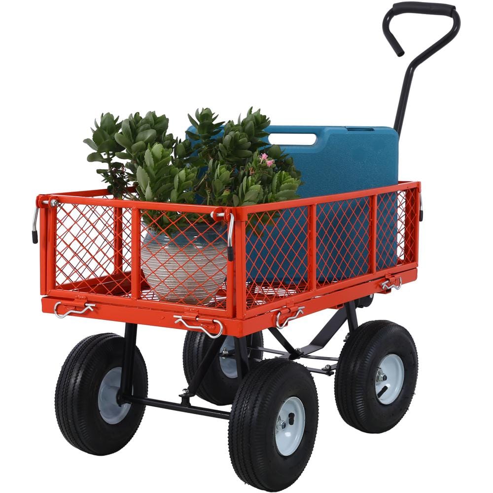 3 Cu. Ft. Red Steel Garden Cart, Wagon Cart, Removable Side Steel Mesh - Hercitys