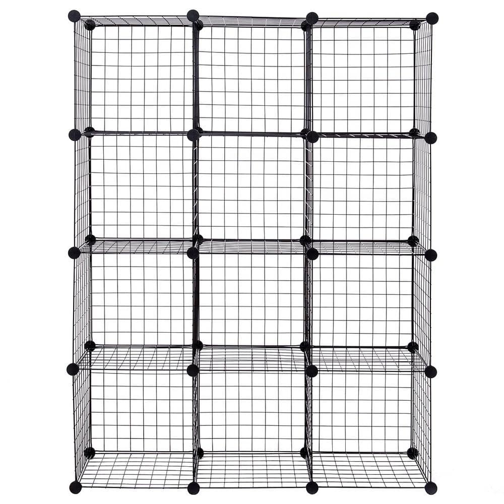 14 in. W x 14 in. H x 14 in. D Black DIY 12 Cube Grid Wire Cube Shelves Shelving Unit - Hercitys