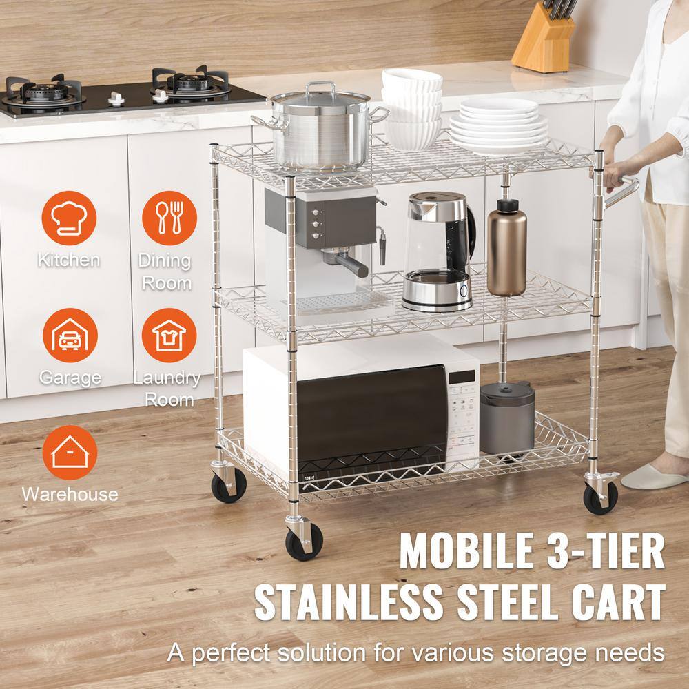3-Tier Kitchen Cart 661 lbs. Capacity Wire Rolling Cart, Steel Service Trolley with 80 mm Deep Basket, Silver - Hercitys