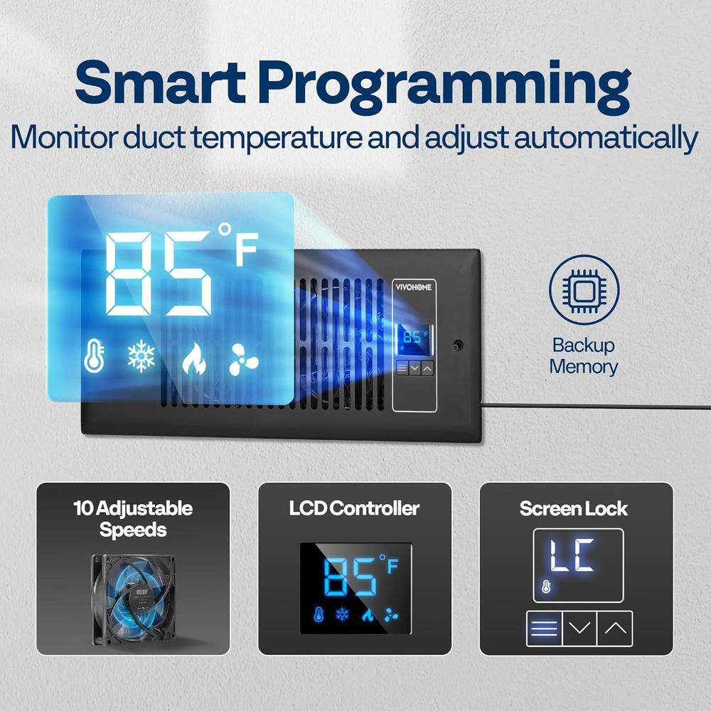 4 in. x 12 in. 120 CFM Wall Mounted Quiet Smart Register Booster Fan with Thermostat Control in Black - Hercitys