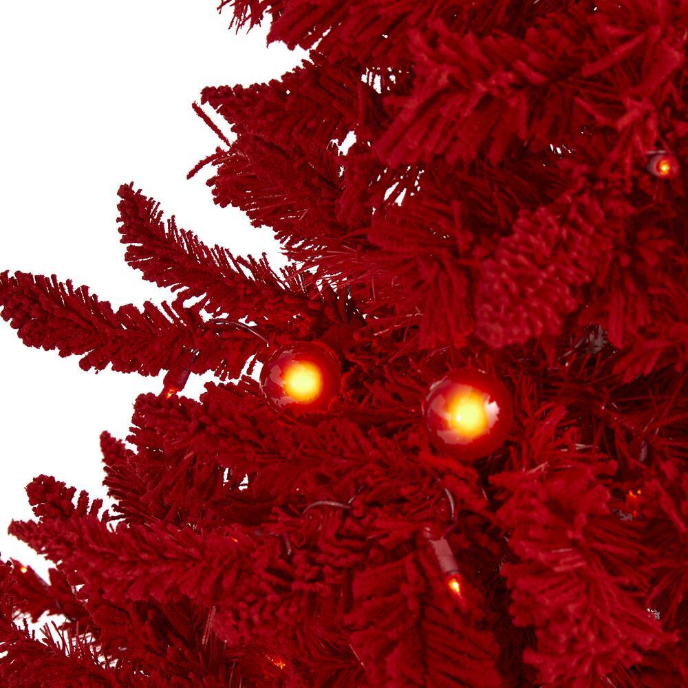 4 ft. Red Pre-lit Flocked Fraser Fir Artificial Christmas Tree with 100 Red Lights, 14 Globe Bulbs - Hercitys