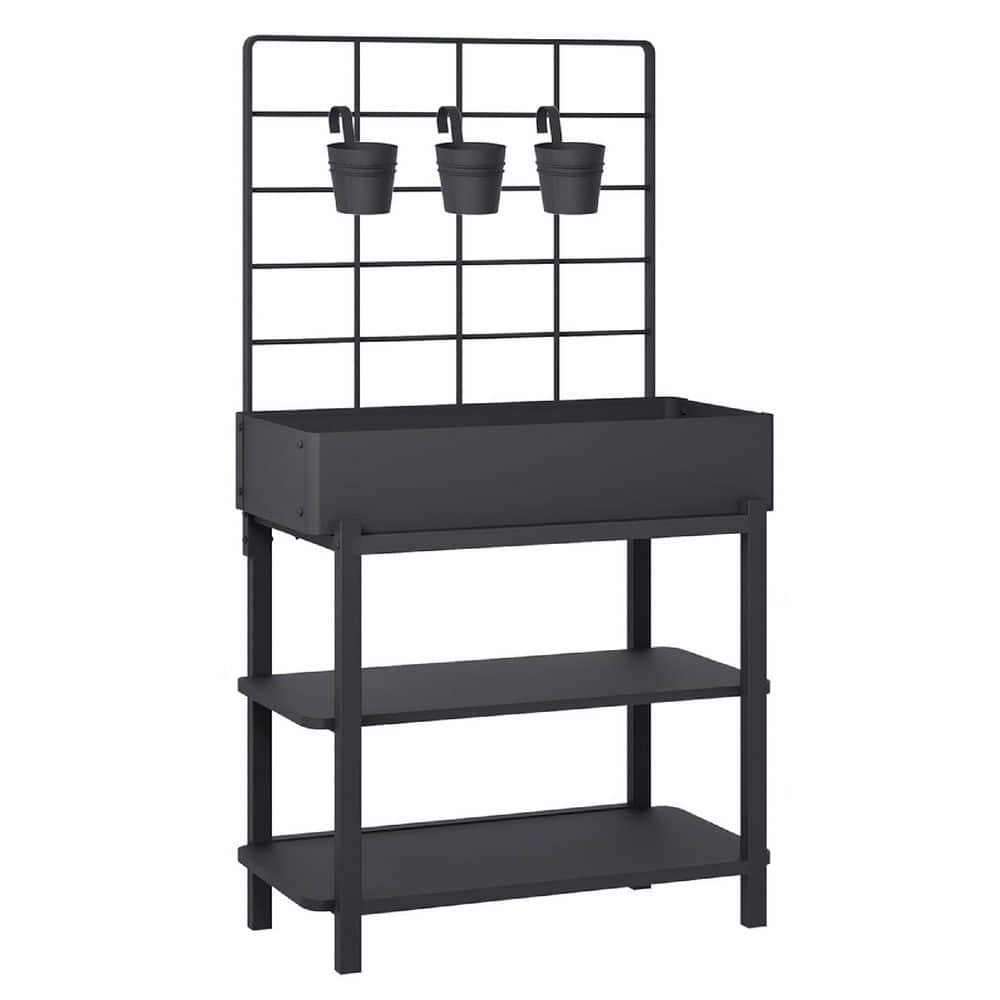 37 in. x 12 in. x 36 in. Black Rust Resistant Metal Rectangular Indoor/Outdoor Elevated Planter Box w/Trellis Raised Bed - Hercitys