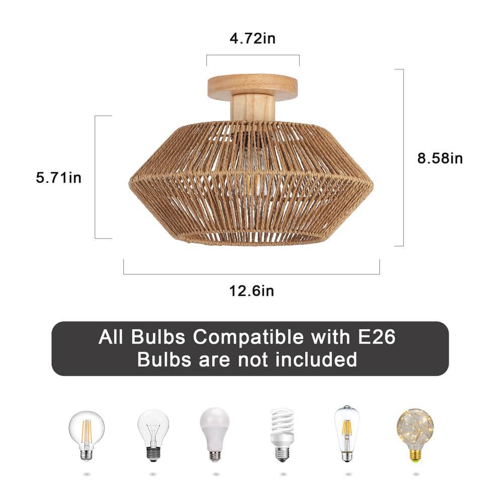 12.6 in. 1-Light Bohemian Woven Rattan Semi-Flush Mount Ceiling Light - Hercitys