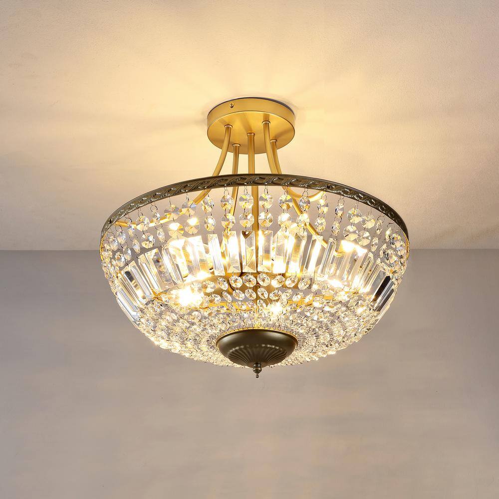 5-Light 19.5 in. Crystal Ceiling Light Fixture, Brass Semi Flush Mount Chandelier - Hercitys