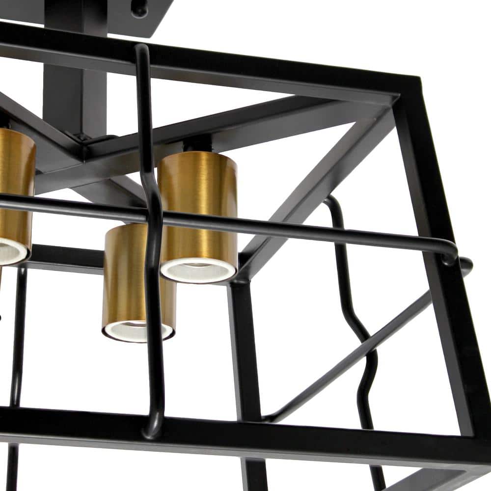 12.4 in. 4-Light Black Semi Flush Mount Fixture Industrial Farmhouse Caged Square Metal Frame Ceiling - Hercitys