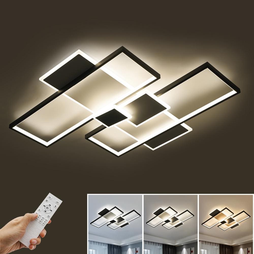 32.28 in. 5-Light Black and White Modern Rectangular Selectable LED Semi-Flush Mount Ceiling Light with Remote - Hercitys
