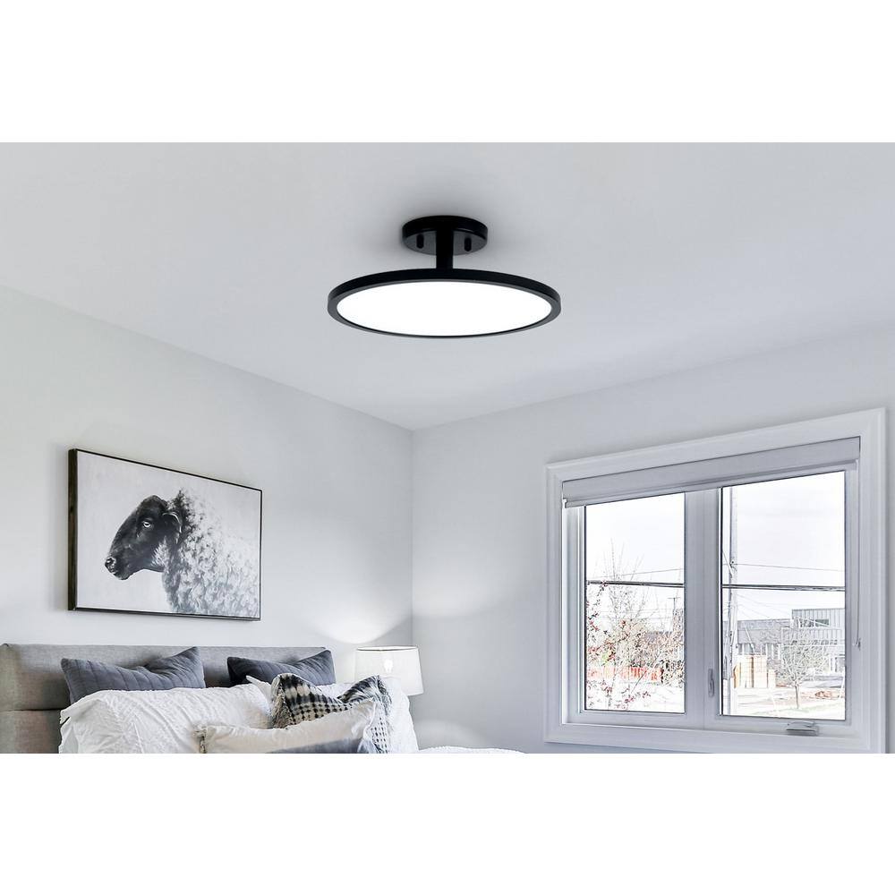 13 in. Matte Black Adjustable CCT Integrated LED Mini Pendant Semi-Flush Mount Light with White Acrylic Shade - Hercitys