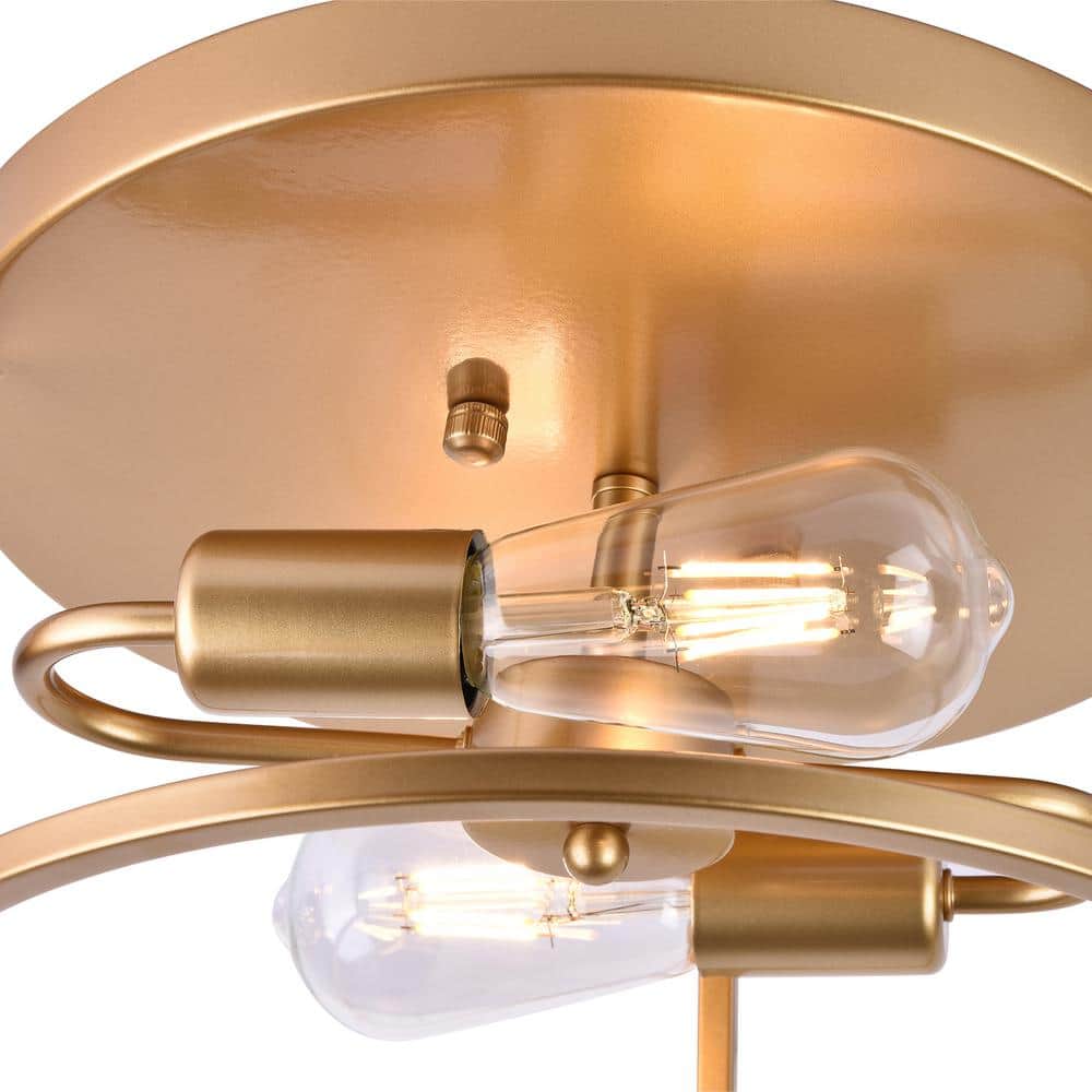 2-Light Gold Farmhouse Round Cage Flush Mount Ceiling Light with No Bulbs Included 12.59 in. - Hercitys