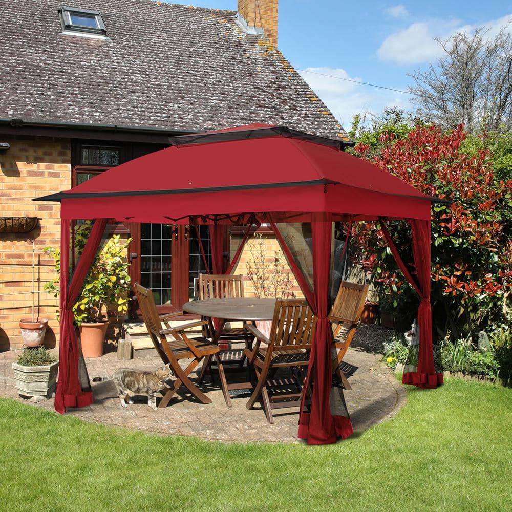 11 ft. x 11 ft. Red Steel Pop-Up Gazebo with Mosquito Netting - Hercitys