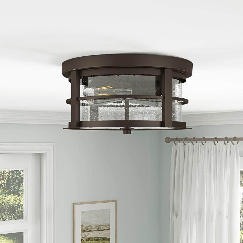 11.8 in. 2-Light Oil Rubbed Bronze Flush Mount Ceiling Light with Seeded Glass Shade Close to Ceiling Lighting Fixture - Hercitys
