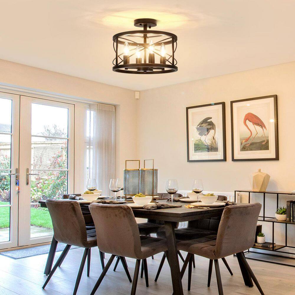 13 in. 4-Light Black Drum Semi Flush Mount Ceiling Light with No Bulbs Included - Hercitys