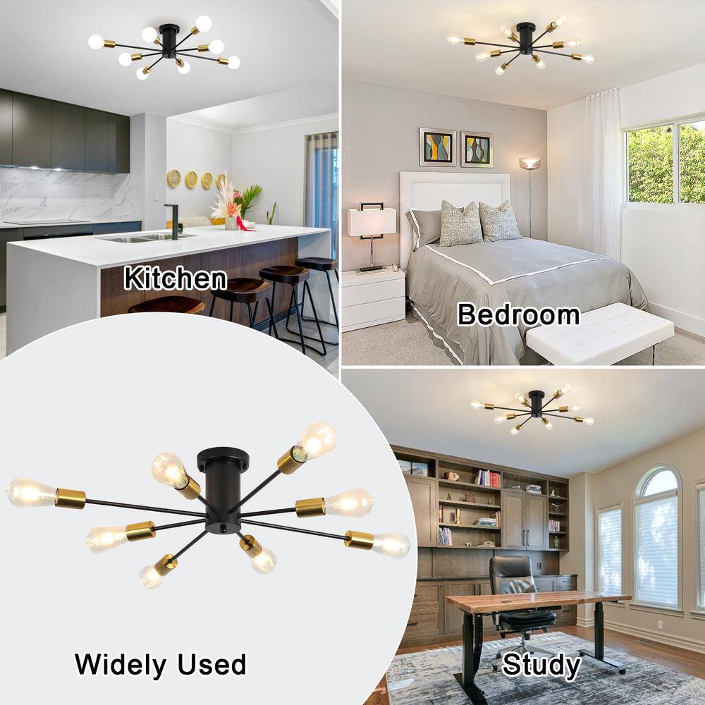 30.12 in. 8-Light Black and Gold Sputnik Transitional Flush Mount Ceiling Lights - Hercitys