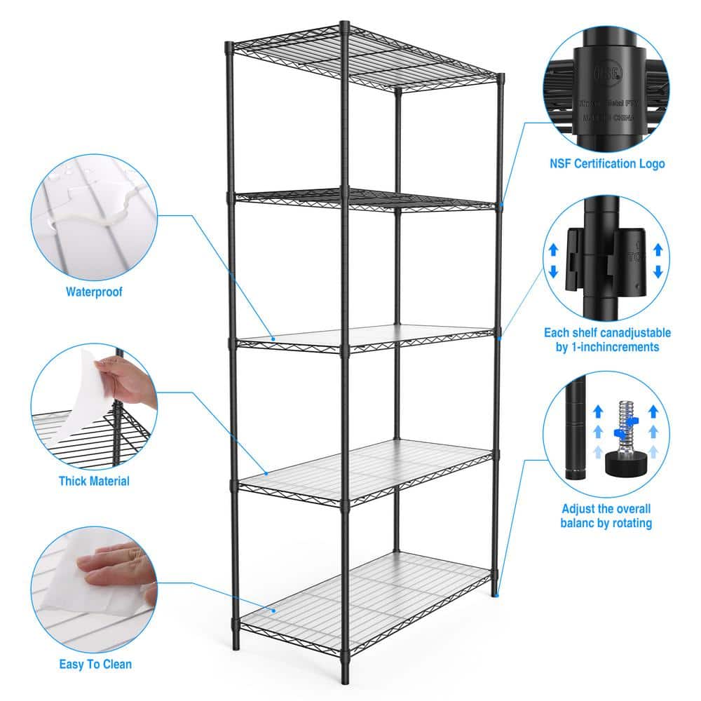 5-Tier Heavy Duty Steel Wire Shelving Unit in Black (16 in. W x 36 in. H x 72 in. D) - Hercitys