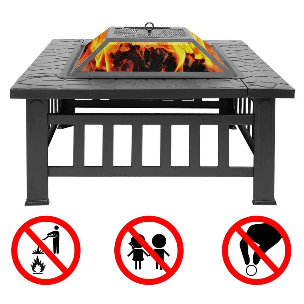 32 in. W x 14 in. H Square Metal Wood Burning Fire Pit Table in Black - Hercitys