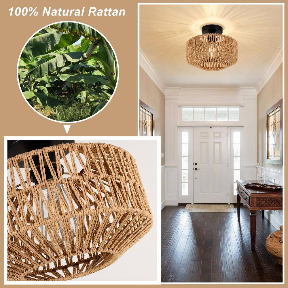 11.8 in. W 1-Light Mini Natural Rattan Chandelier Flush Mount Light with Dimmable LED Bulb - Hercitys