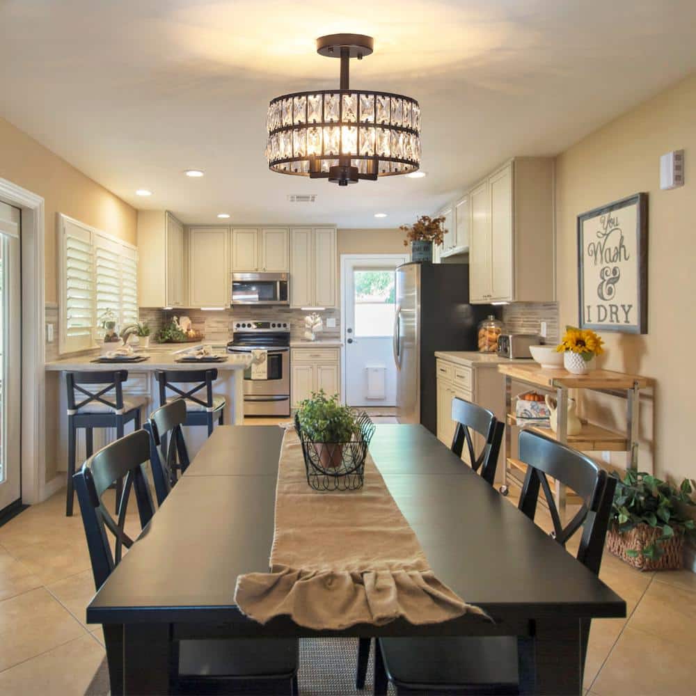 12.59 in. Koyal 3-Light Round Black Drum Chandelier Semi Flush Mount Ceiling Light with Clear Crystal Glass Drum Shade - Hercitys