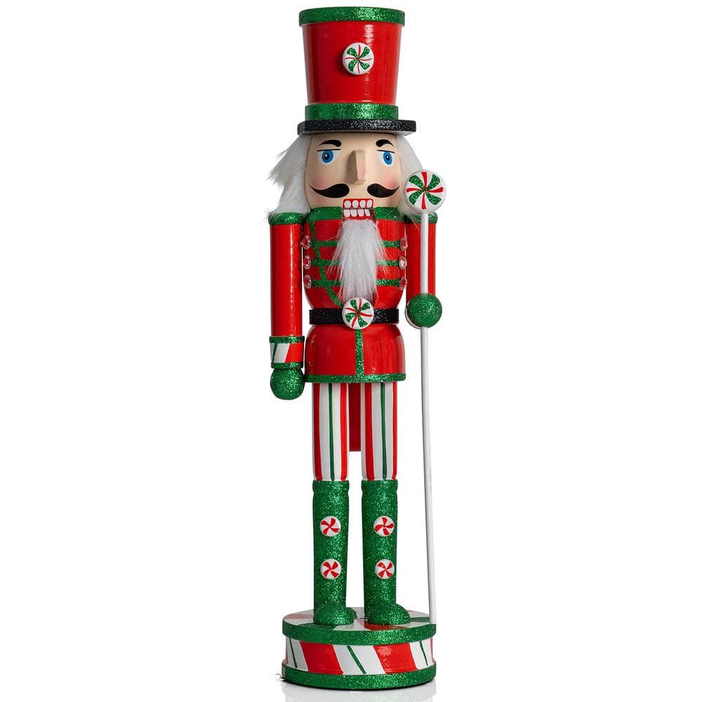 15 in. Wooden Peppermint Christmas Nutcracker -Red, White and Green Glitter Candy Holiday Nutcracker Toy Soldier - Hercitys