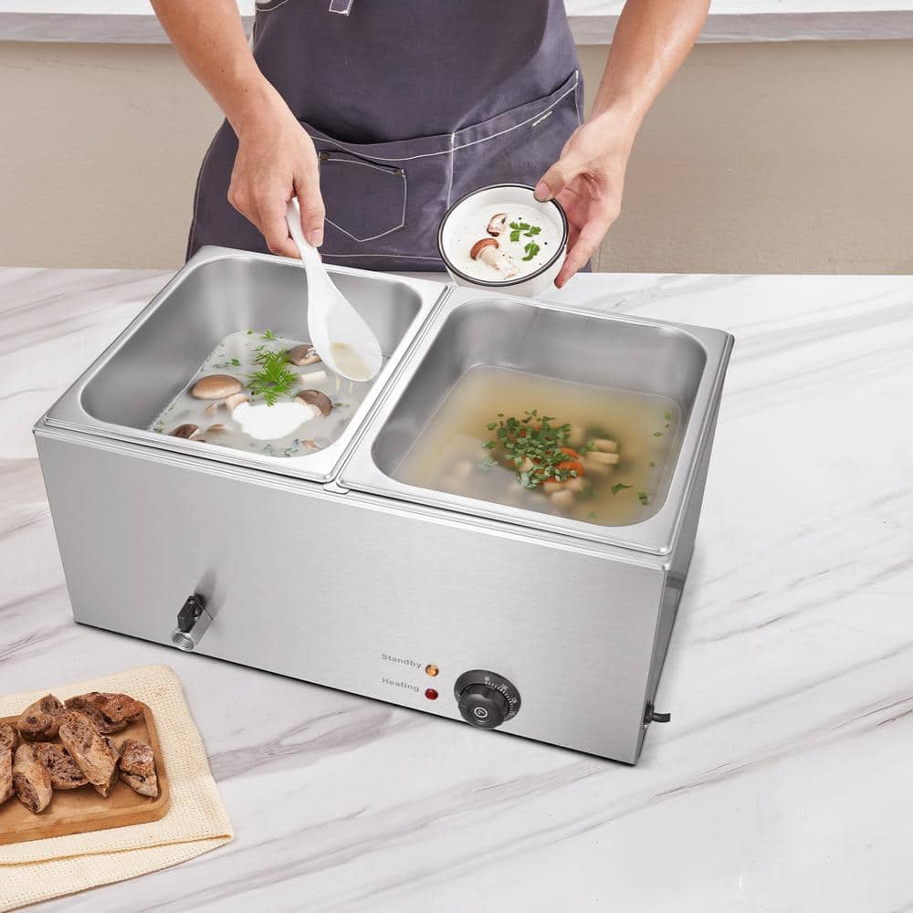 2-Pan Commercial Food Warmer, 18 qt. Electric Steam Table, 1200-Watt Bain Marie with Temperature Control Stainless Steel - Hercitys