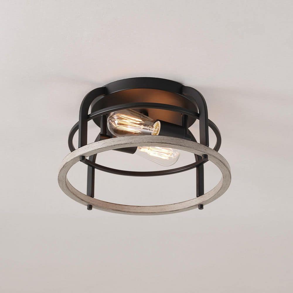 13 in. 2-Light Matte Black Flush Mount Ceiling Light with Faux Wood Accents - Hercitys