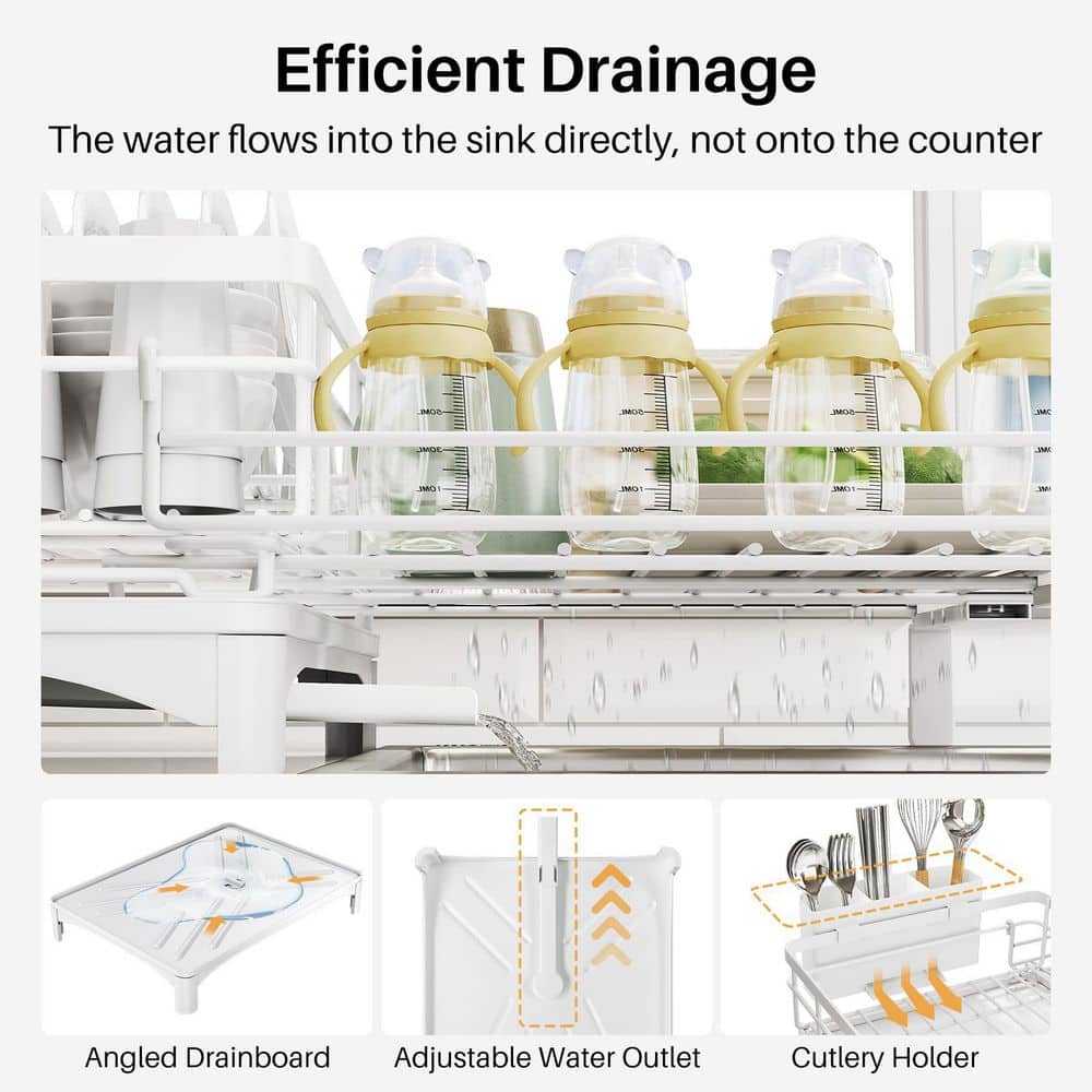 12.2 in. to 21.7 in. White Extendable Dish Rack, Dish Drying Rack, Stainless Steel Dish Strainer with Utensil Holder - Hercitys