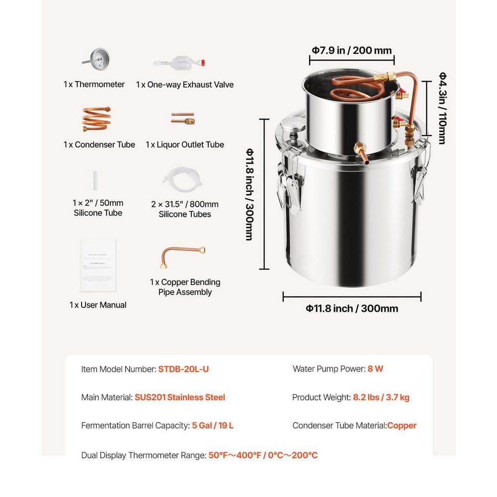 5 Gal./19 L Alcohol Still, Stainless Steel Water Alcohol Distiller with Copper Coil, Home Brewing Kit with Thermometer - Hercitys