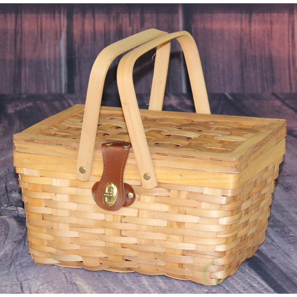 12.5 in. x 7.5 in. x 7.5 in. Picnic Basket Gingham Lined with Folding Handles - Hercitys