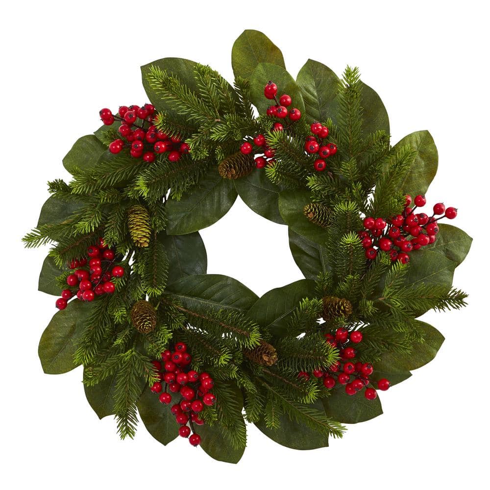 24in. Artificial Unlit Artificial Holiday Wreath with Magnolia Leaf, Berry and Pine - Hercitys