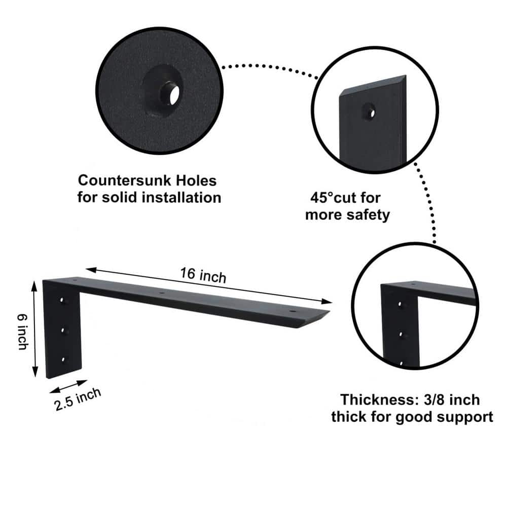 16 in. x 6 in. x 2.5 in. Heavy Duty 3/8 in. Thick Black Countertop Support Bracket, Shelf L Bracket (3-Pack) - Hercitys