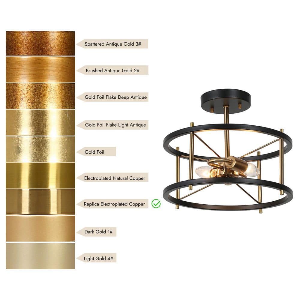 12 in. 2-Light Black Modern Semi-Flush Mount, Brass-Plated Ceiling Light, Farmhouse Open Cage Light Fixture - Hercitys