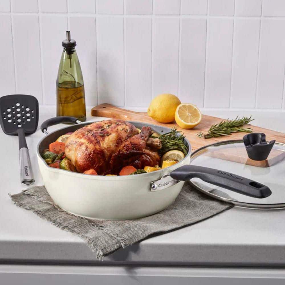 4-Piece Set 4.5 Qt. Multi-Purpose Pan with Lid Cover, Steamer, Slotted Turner in Creme de la Creme - Hercitys