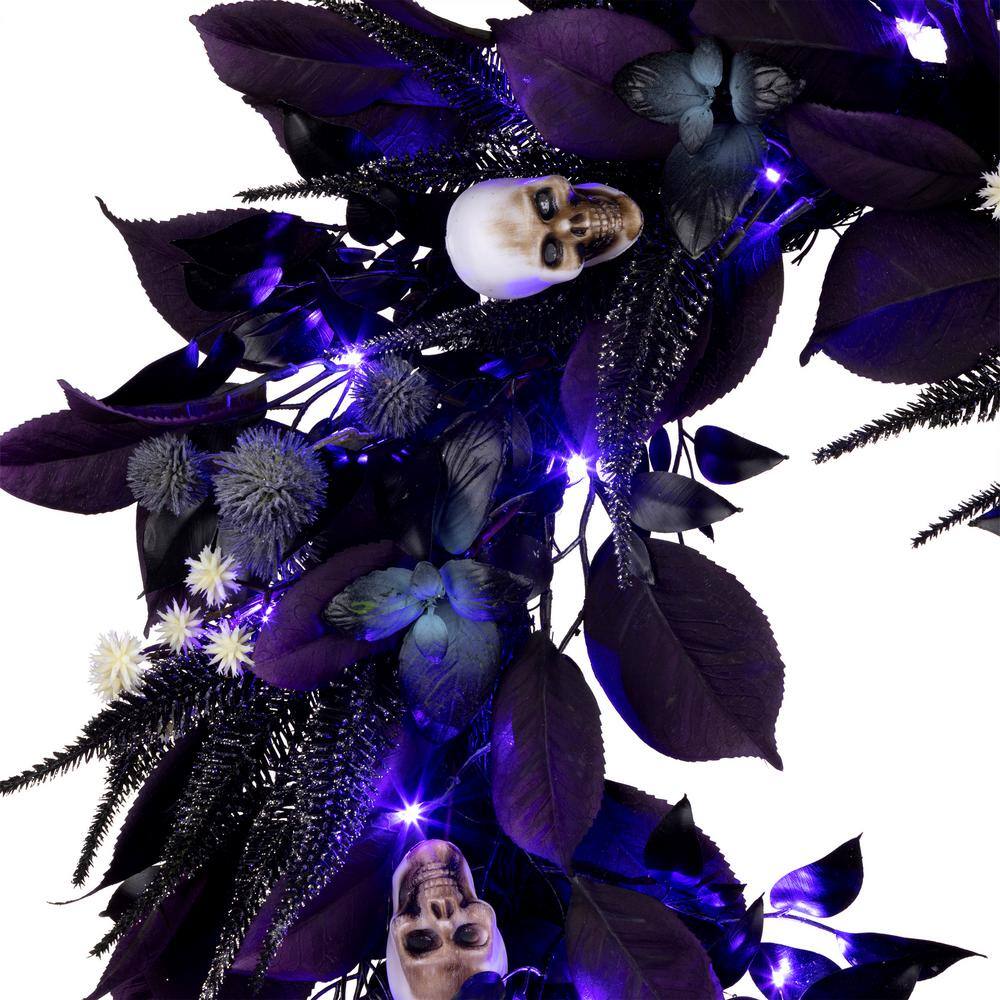 26 in. Floral Mini Skull Wreath with 30 Purple Battery-Operated LED Lights - Hercitys