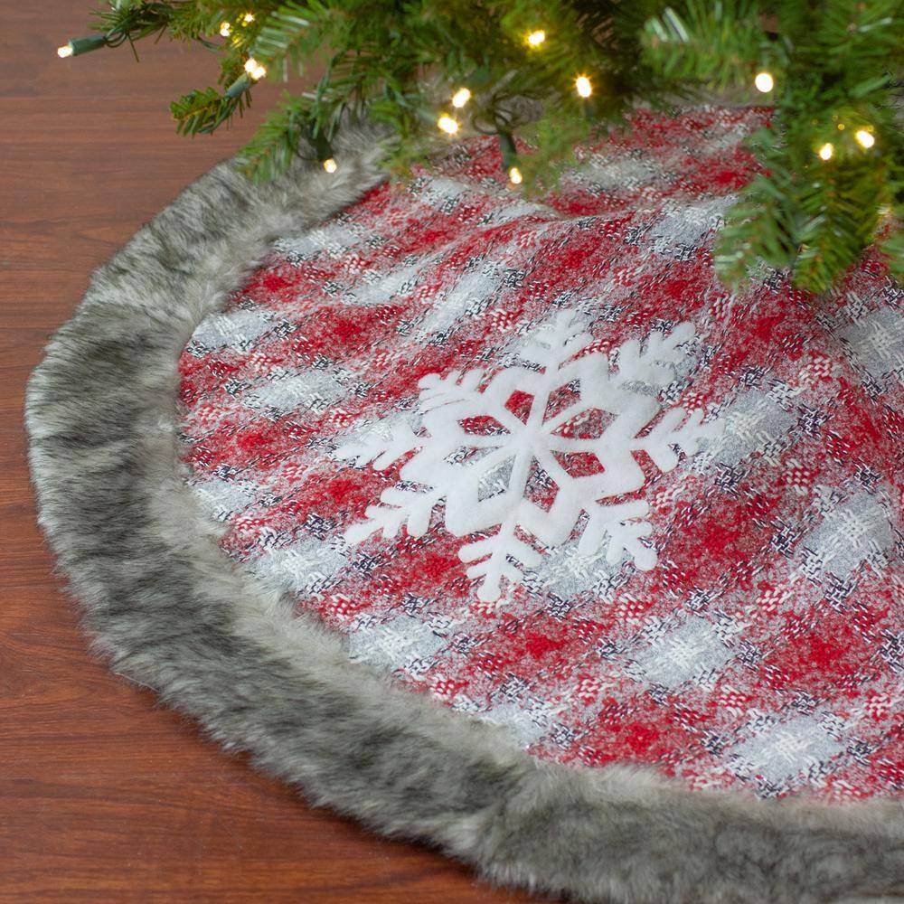 48 in. Red and White Plaid Christmas Tree Skirt with Snowflake - Hercitys
