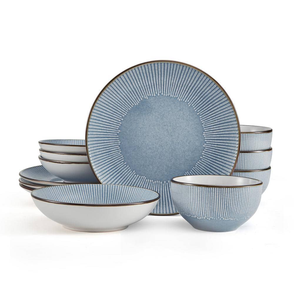 12-Piece Arlie Blue Stoneware Dinnerware Set, Service For 4 - Hercitys