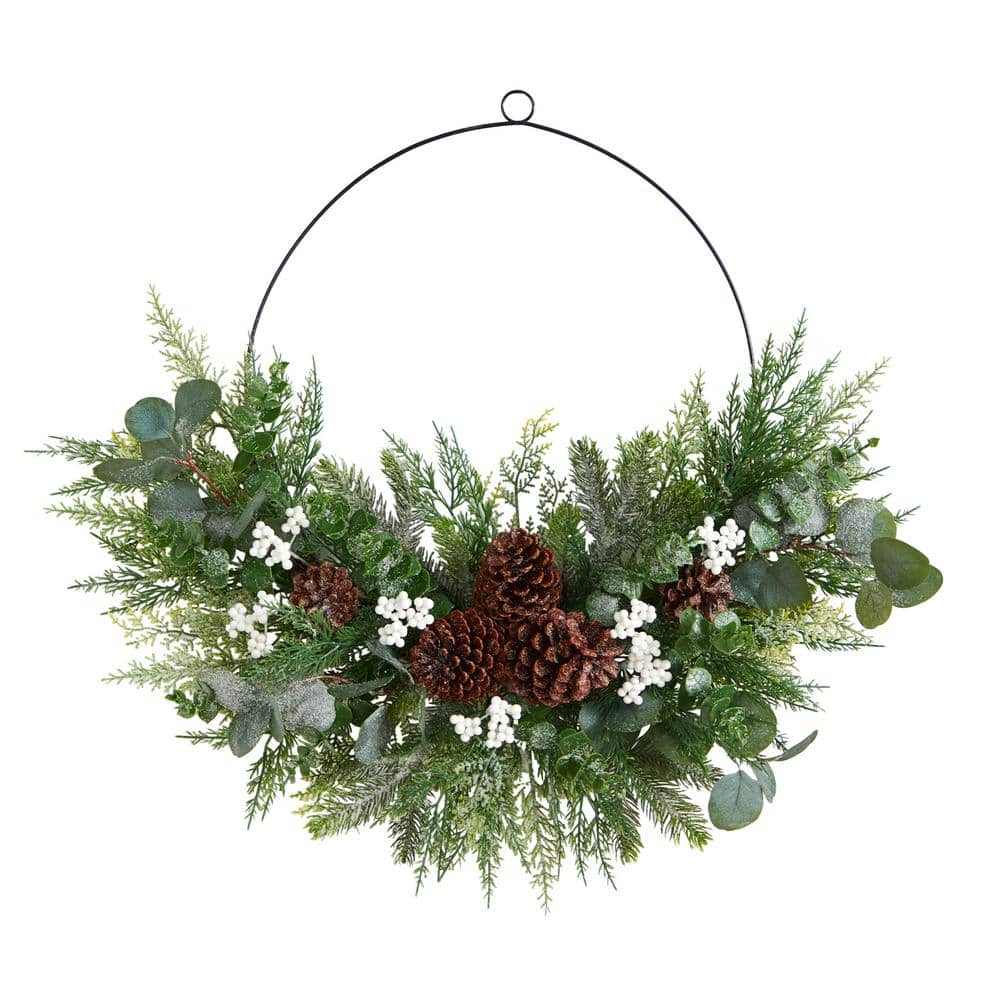 28 in. Unlit Christmas Pine, Eucalyptus and Berries Metal Circlet Artificial Wreath - Hercitys