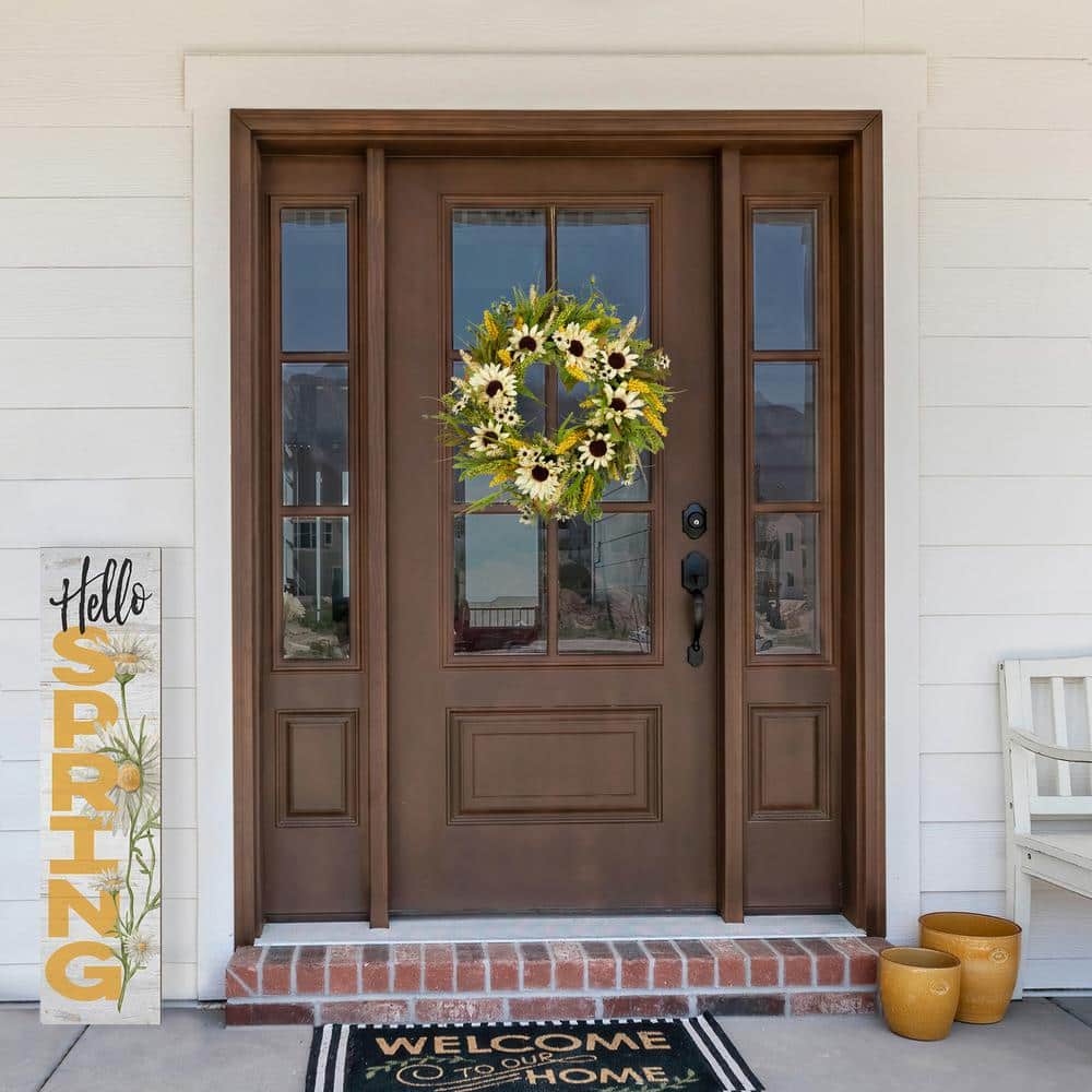 24 in. Beige Sunflowers Artificial Fall Harvest Wreath - Hercitys