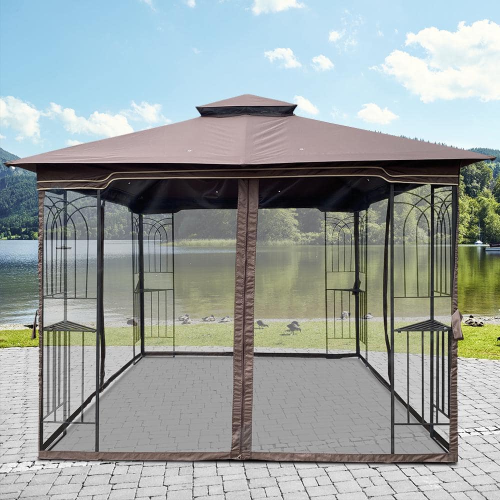 10 ft. x 10 ft. Brown Patio Double Roof Gazebo Replacement Canopy Top Fabric - Hercitys