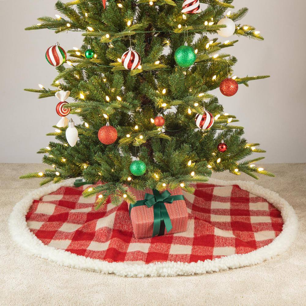 48 in. D Red and White Plaid Reversible Sherpa/Flannel Christmas Tree Skirt - Hercitys