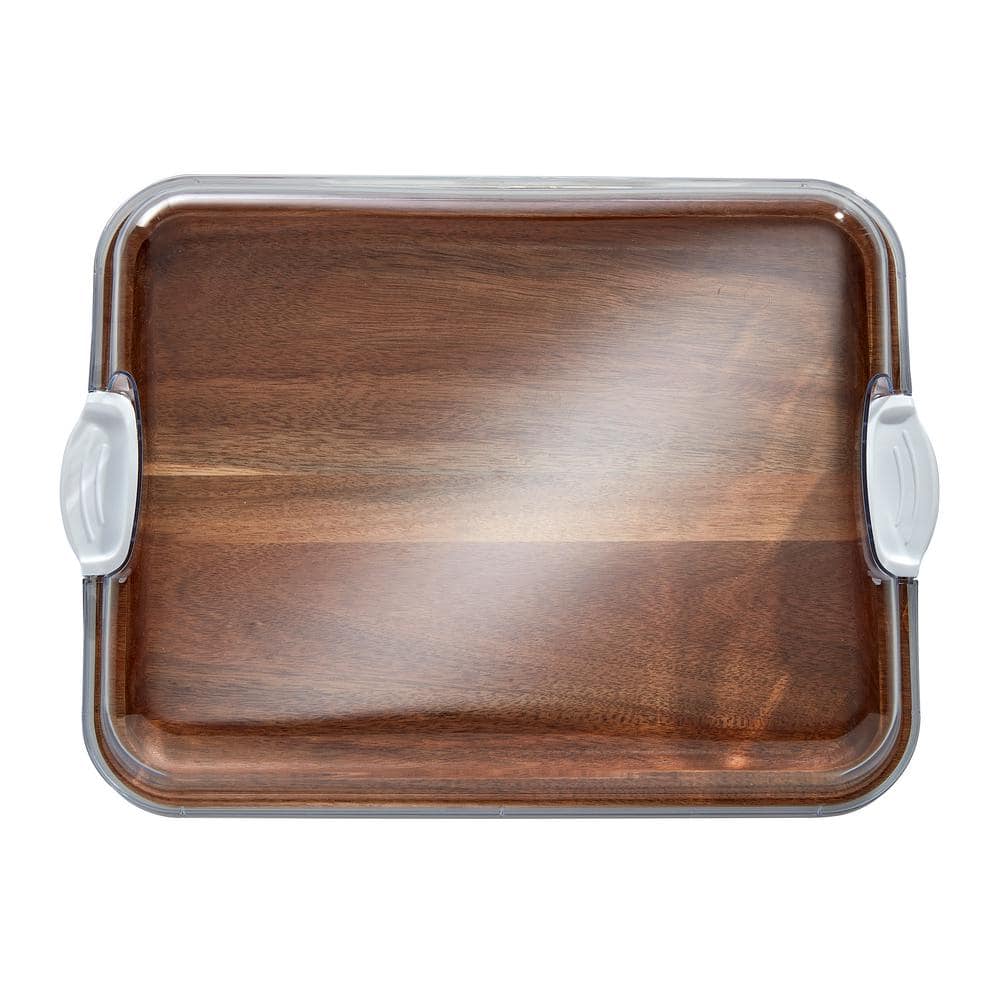11 x 14 in. Build-A-Board Acacia Cutting Board with Built-in Compartments and Clear Locking Lid with White Handles - Hercitys