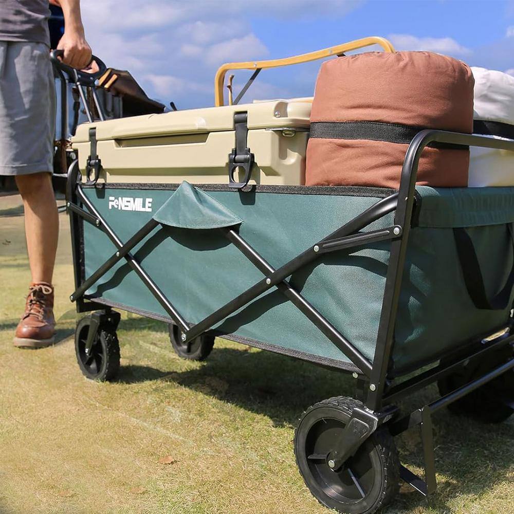 4.9 cu. ft. Fabric PVC Garden Cart, 2-Fold Collapsible Wagon Cart with Metal Frame, Cup Holder, Adjustable Handle, Green - Hercitys