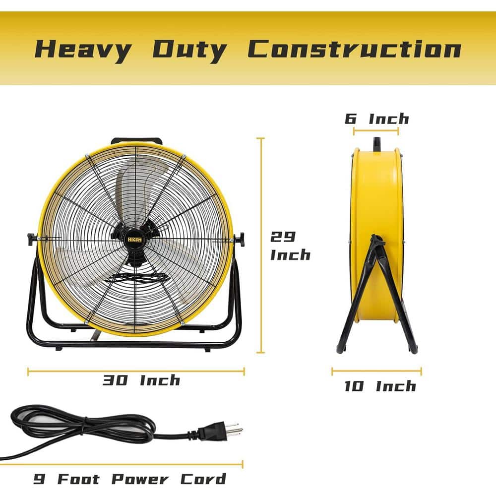 24 in. 3 Speeds Drum Fan in Yellow Portable High Velocity with 1/3 HP Powerful Motor, 8200 CFM - Hercitys