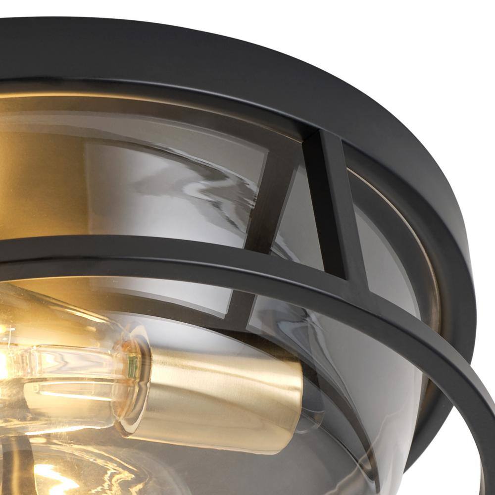 13 in. 2-Light Industrial Black Flush Mount Ceiling Light Fixture with Glass Shade - Hercitys